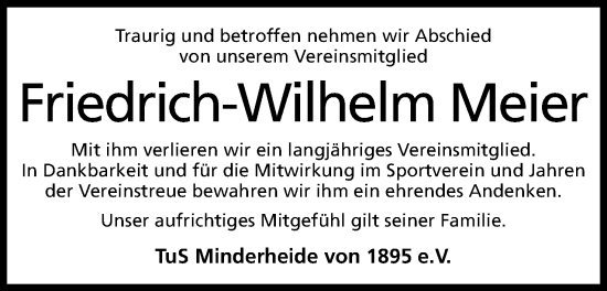 Anzeige von Friedrich-Wilhelm Meier von Mindener Tageblatt