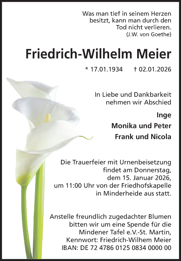  Traueranzeige für Friedrich-Wilhelm Meier vom 07.01.2026 aus Mindener Tageblatt
