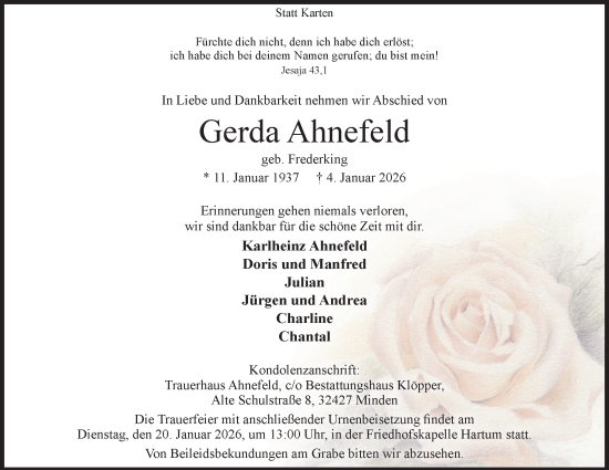 Anzeige von Gerda Ahnefeld von Mindener Tageblatt