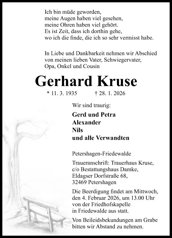 Anzeige von Gerhard Kruse von Mindener Tageblatt