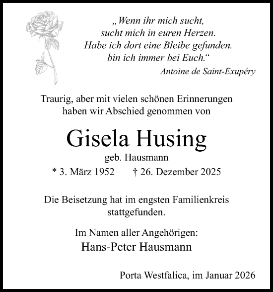 Anzeige von Gisela Husing von Mindener Tageblatt