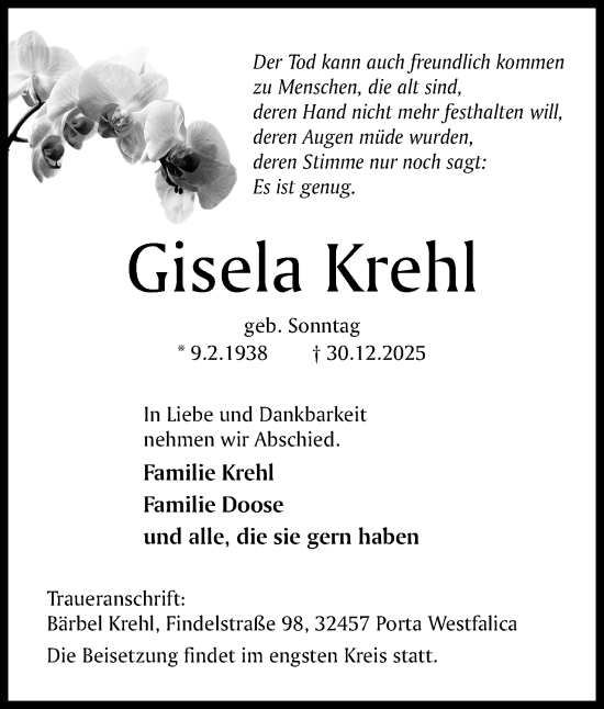 Anzeige von Gisela Krehl von Mindener Tageblatt