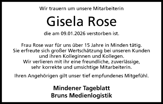 Anzeige von Gisela Rose von Mindener Tageblatt