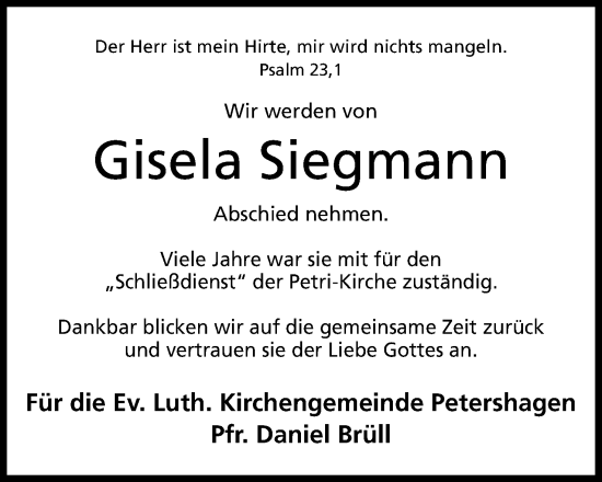 Anzeige von Gisela Siegmann von Mindener Tageblatt