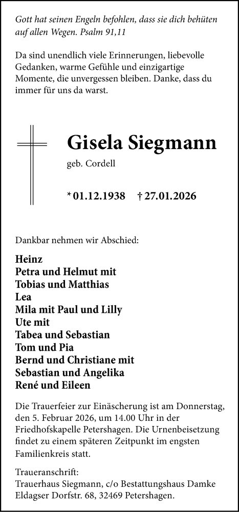 Anzeige von Gisela Siegmann von Mindener Tageblatt