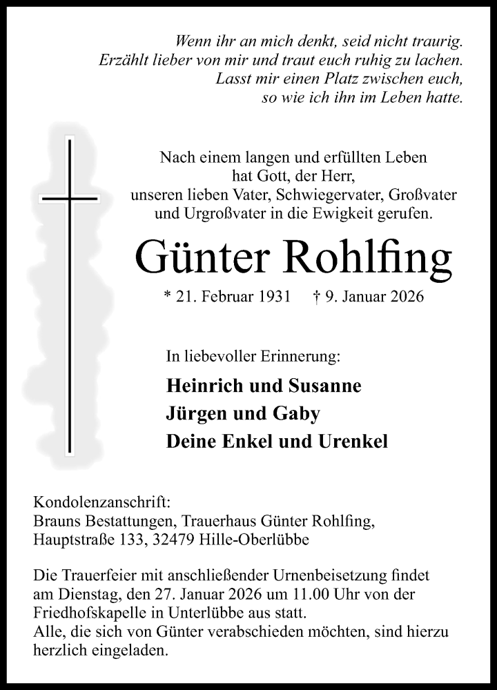  Traueranzeige für Günter Rohlfing vom 17.01.2026 aus Mindener Tageblatt