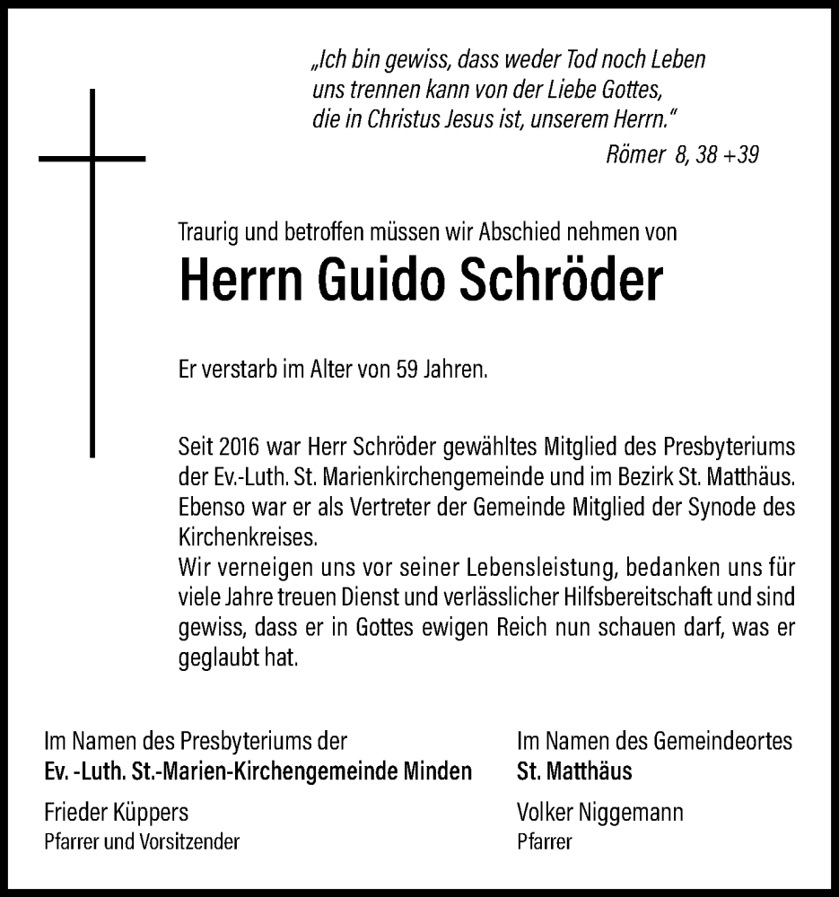  Traueranzeige für Guido Schröder vom 14.01.2026 aus Mindener Tageblatt
