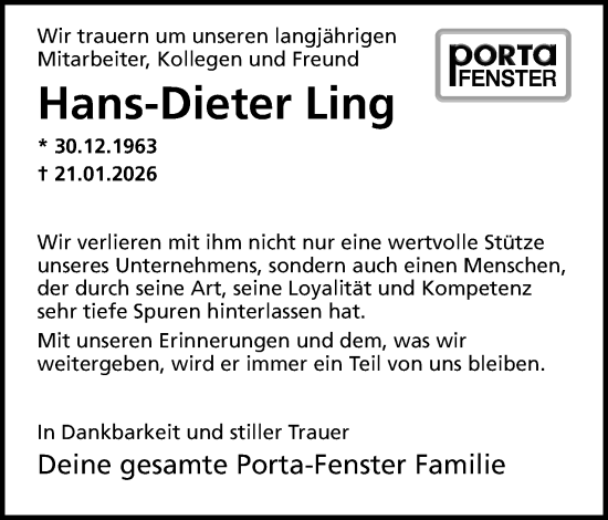 Anzeige von Hans-Dieter Ling von Mindener Tageblatt