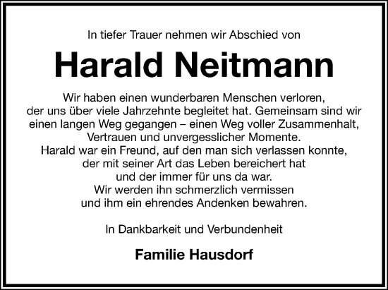 Anzeige von Harald Neitmann von Mindener Tageblatt