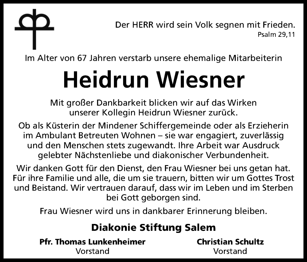  Traueranzeige für Heidrun Wiesner vom 09.01.2026 aus Mindener Tageblatt