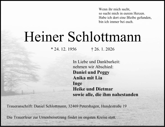 Anzeige von Heiner Schlottmann von Mindener Tageblatt