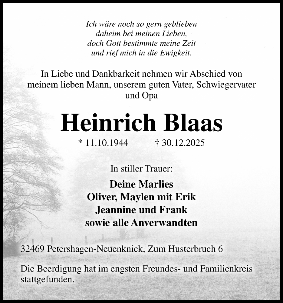  Traueranzeige für Heinrich Blaas vom 10.01.2026 aus Mindener Tageblatt