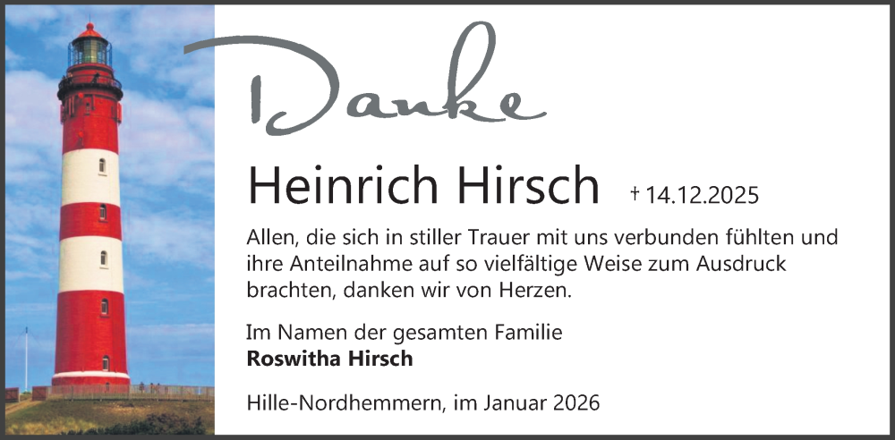  Traueranzeige für Heinrich Hirsch vom 24.01.2026 aus Mindener Tageblatt