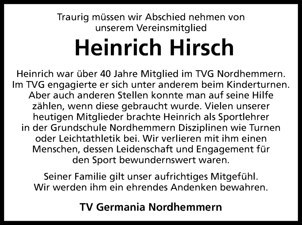  Traueranzeige für Heinrich Hirsch vom 29.01.2026 aus Mindener Tageblatt
