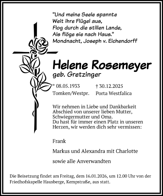 Anzeige von Helene Rosemeyer von Mindener Tageblatt