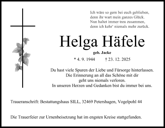 Anzeige von Helga Häfele von Mindener Tageblatt
