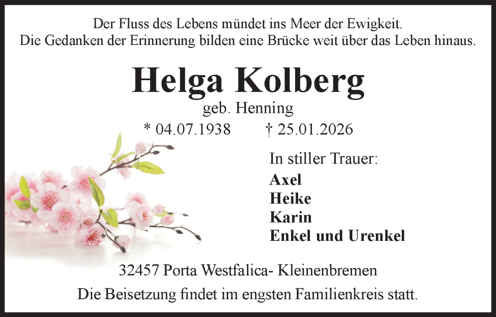  Traueranzeige für Helga Kolberg vom 31.01.2026 aus Mindener Tageblatt