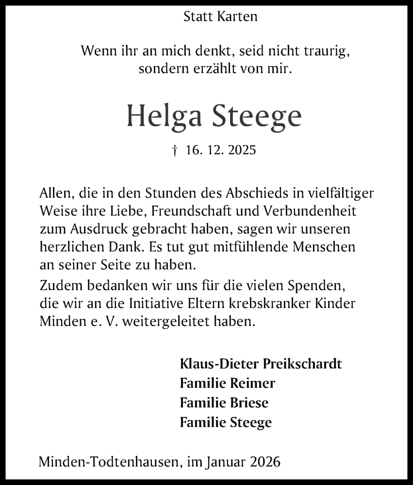 Traueranzeige für Helga Steege vom 17.01.2026 aus Mindener Tageblatt
