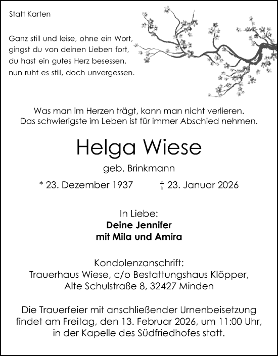 Anzeige von Helga Wiese von Mindener Tageblatt