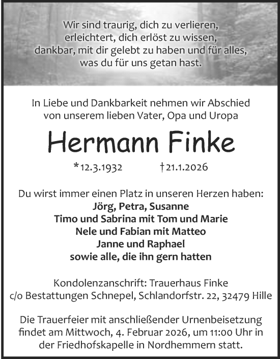 Anzeige von Hermann Finke von Mindener Tageblatt