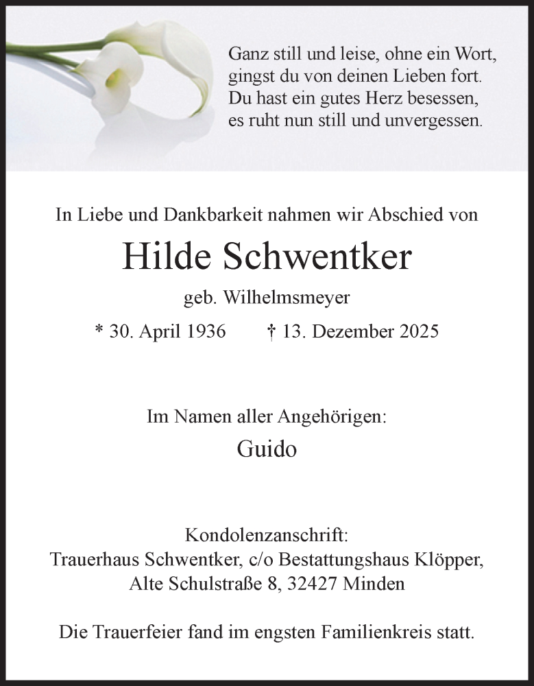  Traueranzeige für Hilde Schwentker vom 17.01.2026 aus Mindener Tageblatt