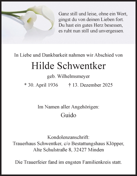 Anzeige von Hilde Schwentker von Mindener Tageblatt