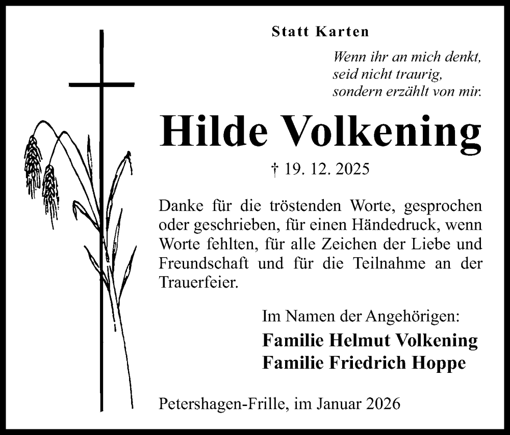  Traueranzeige für Hilde Volkening vom 31.01.2026 aus Mindener Tageblatt