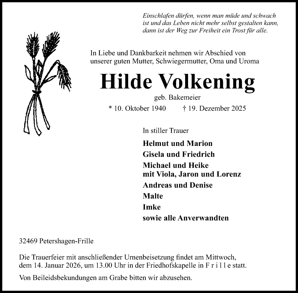  Traueranzeige für Hilde Volkening vom 10.01.2026 aus Mindener Tageblatt