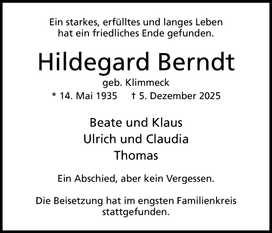 Anzeige von Hildegard Berndt von Mindener Tageblatt