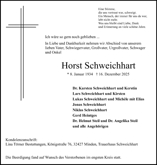 Anzeige von Horst Schweichhart von Mindener Tageblatt