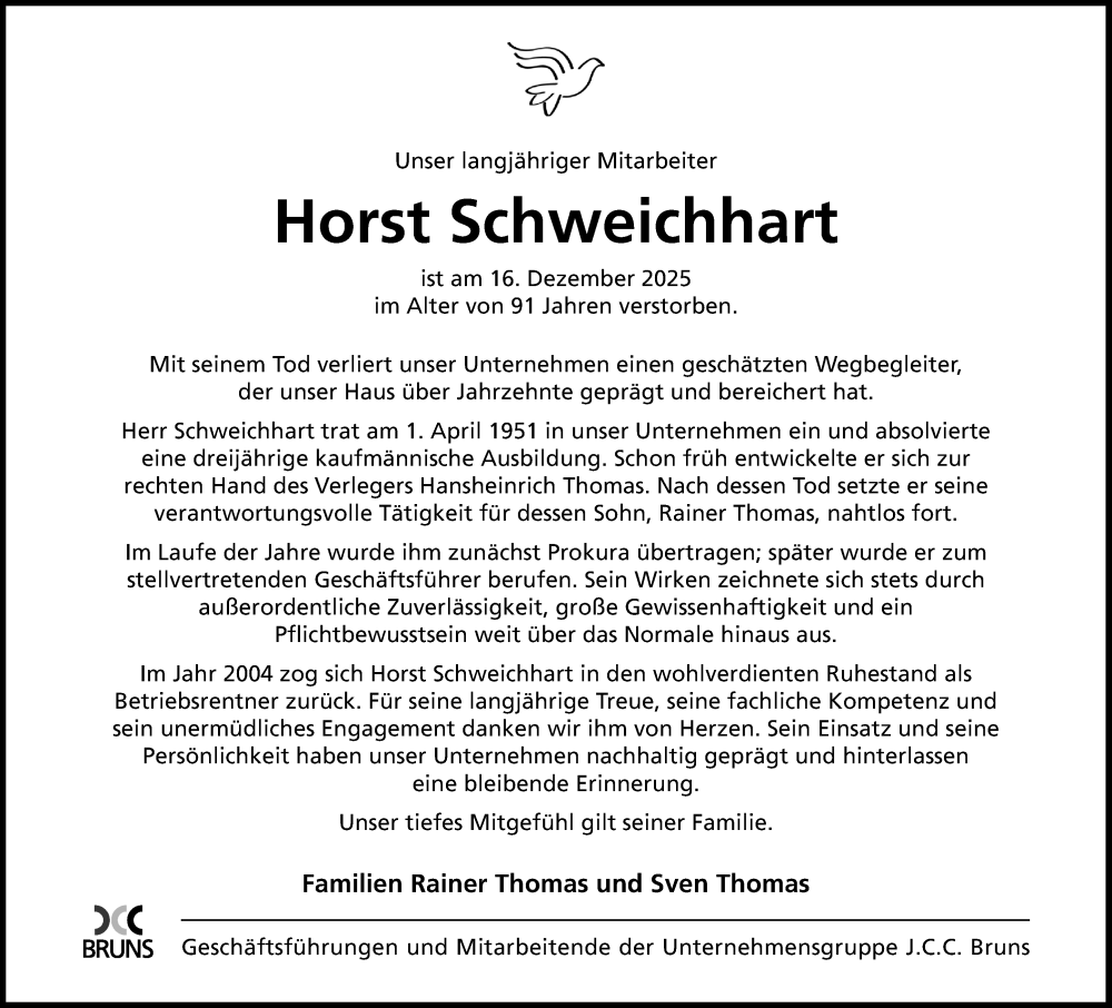  Traueranzeige für Horst Schweichhart vom 24.01.2026 aus Mindener Tageblatt