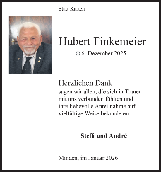 Anzeige von Hubert Finkemeier von Mindener Tageblatt