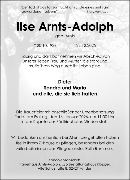 Anzeige von Ilse Arnts-Adolph von Mindener Tageblatt
