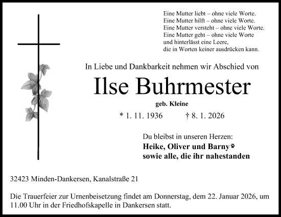 Anzeige von Ilse Buhrmester von Mindener Tageblatt