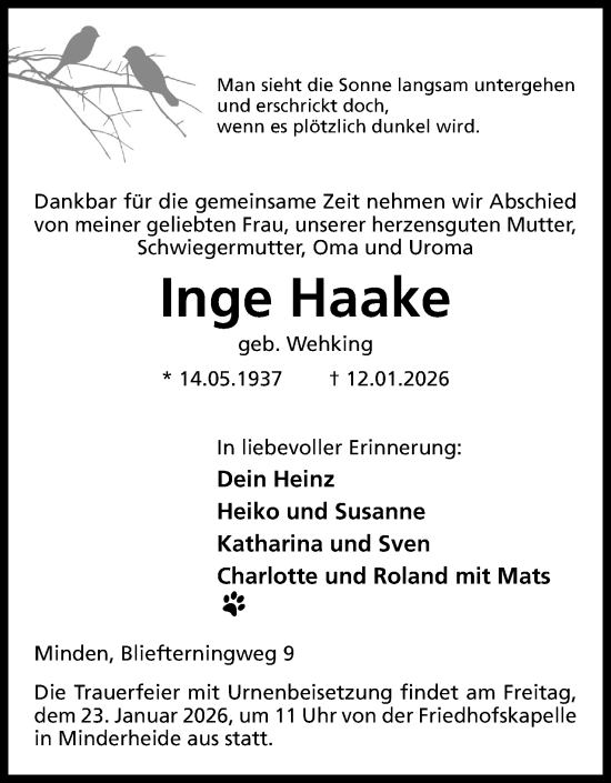 Anzeige von Inge Haake von Mindener Tageblatt