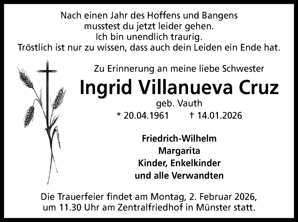  Traueranzeige für Ingrid Villanueva Cruz vom 24.01.2026 aus Mindener Tageblatt