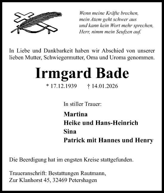 Anzeige von Irmgard Bade von Mindener Tageblatt