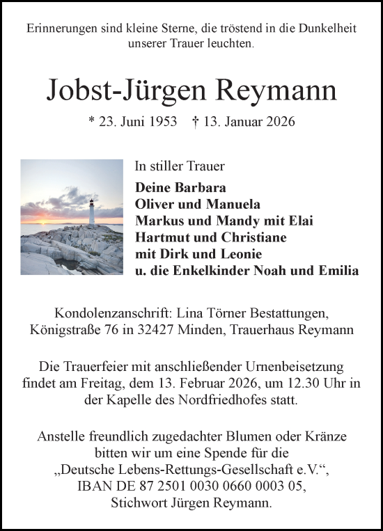 Anzeige von Jobst-Jürgen Reymann von Mindener Tageblatt