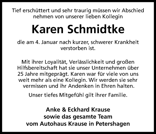 Anzeige von Karen Schmidtke von Mindener Tageblatt