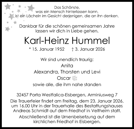 Anzeige von Karl-Heinz Hummel von Mindener Tageblatt
