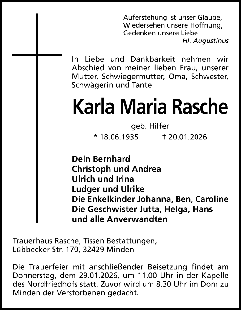  Traueranzeige für Karla Maria Rasche vom 24.01.2026 aus Mindener Tageblatt