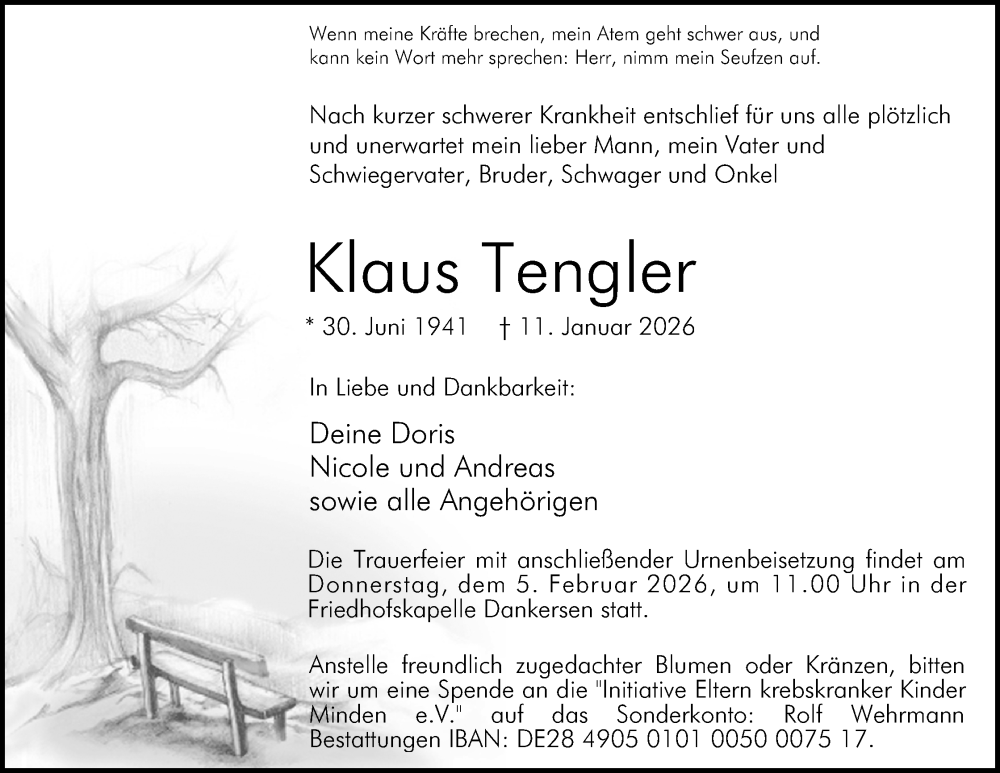  Traueranzeige für Klaus Tengler vom 31.01.2026 aus Mindener Tageblatt