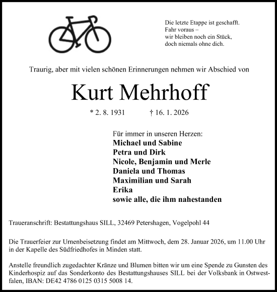 Anzeige von Kurt Mehrhoff von Mindener Tageblatt