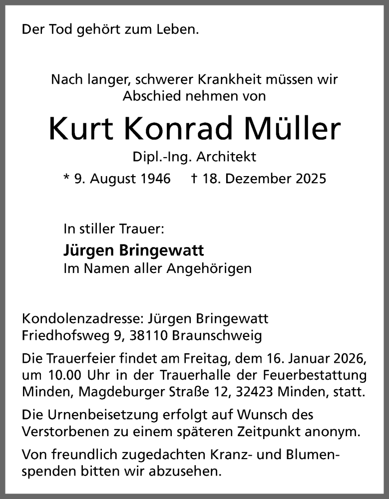  Traueranzeige für Kurt Konrad Müller vom 03.01.2026 aus Mindener Tageblatt