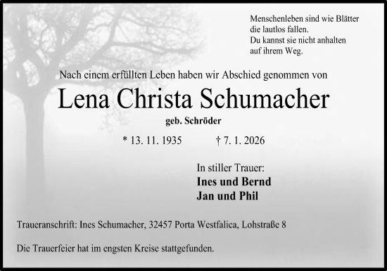 Anzeige von Lena Christa Schumacher von Mindener Tageblatt