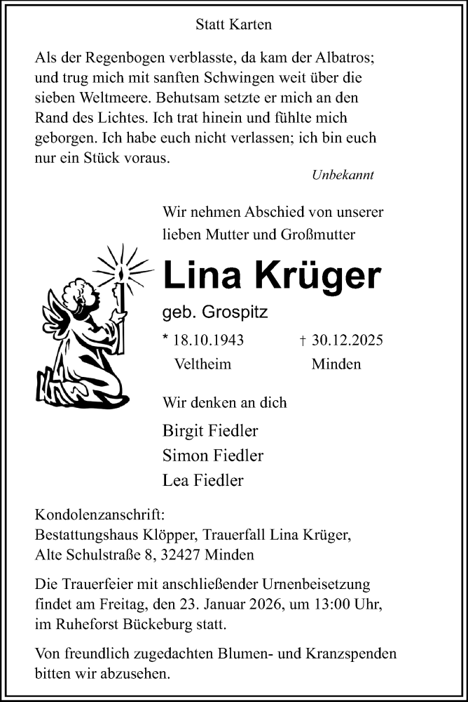  Traueranzeige für Lina Krüger vom 10.01.2026 aus Mindener Tageblatt