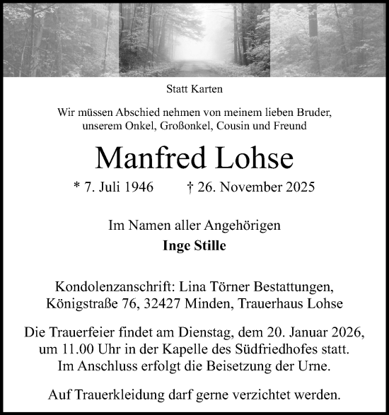 Anzeige von Manfred Lohse von Mindener Tageblatt