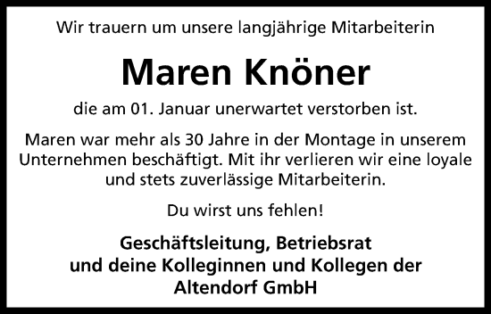 Anzeige von Maren Knöner von Mindener Tageblatt