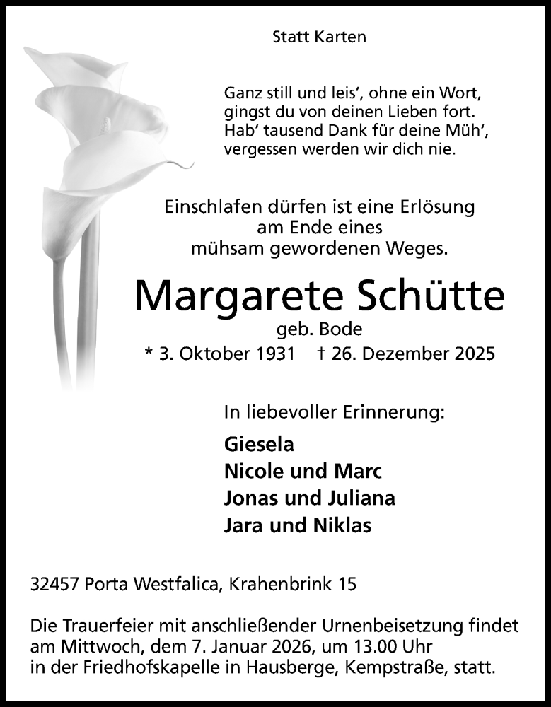  Traueranzeige für Margarete Schütte vom 03.01.2026 aus Mindener Tageblatt
