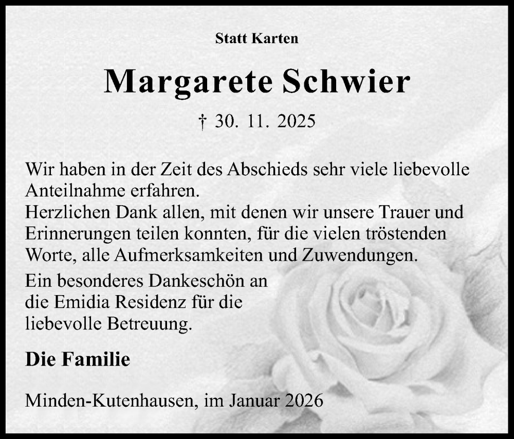  Traueranzeige für Margarete Schwier vom 10.01.2026 aus Mindener Tageblatt